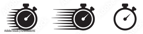 Three dynamic black stopwatch icons illustrating fast movement and rapid time progression on transparent background.
