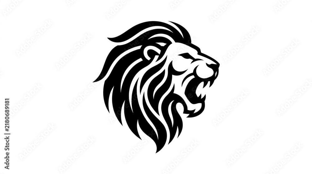 Obraz premium Fierce lion head mascot roaring aggressively with mane flowing, symbolizing power and strength in a graphic illustration