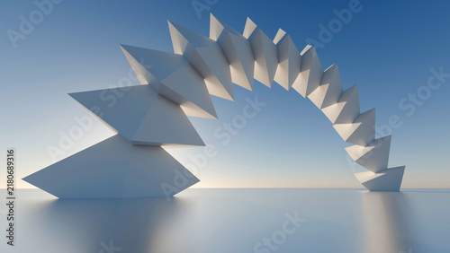 Bild auf Leinwand Futuristic 3D abstract geometric arch structure isolated against clear blue sky