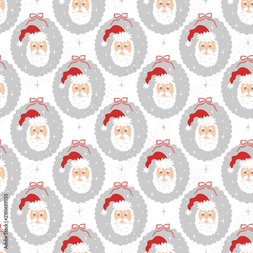Seamless print with funny cute head Santa Claus and bow and stars