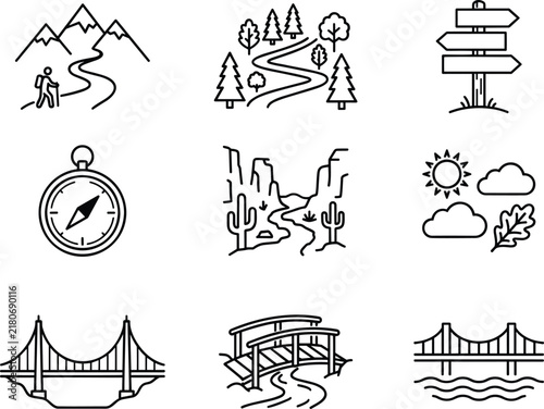 Hiking trail mountain forest compass desert canyon bridge landscape icon set outdoor adventure line art vector.