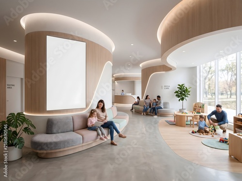 Modern medical clinic waiting room interior with families and children playing in a bright lobby.