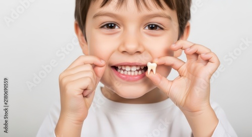 Happy young boy holding his small lost baby tooth in his fingers showing a big smile with healthy teeth in his mouth
