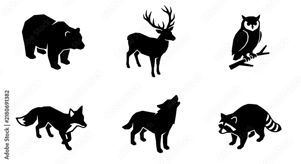 Fototapeta premium Forest Animals Silhouettes: Bear, Deer, Owl, Fox, Wolf, Raccoon Vector Icons