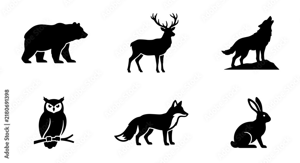 Obraz premium Forest Wildlife Silhouette Icons: Bear, Deer, Wolf, Owl, Fox, Rabbit Vector Set