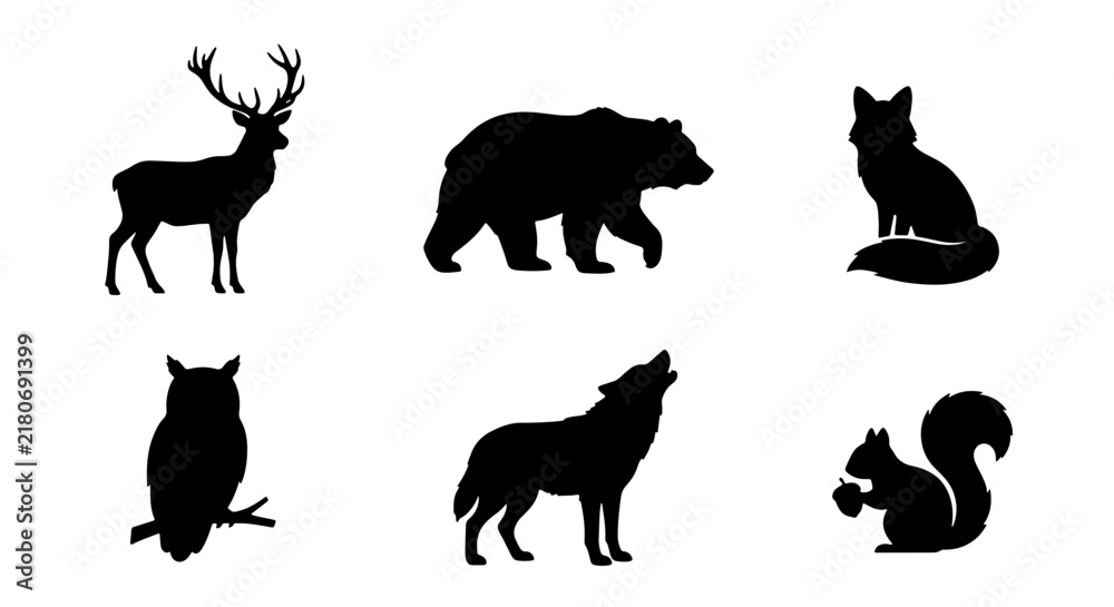 Obraz premium Forest Wildlife Silhouettes: Deer, Bear, Fox, Owl, Wolf, Squirrel Icons