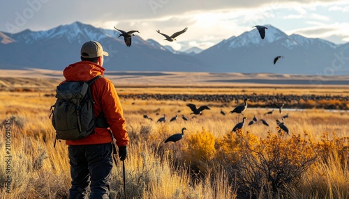 Man with backpack observes sandhill cranes taking flight in a field.