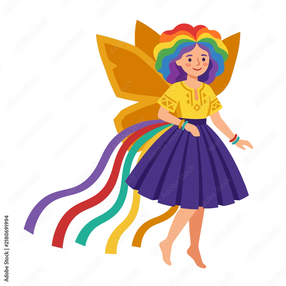 Fototapeta premium Joyful character with rainbow hair and butterfly wings