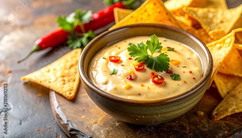A small ceramic bowl holds warm Mexican queso dip. Red chili slices and cilantro decorate the top. Around the bowl are crispy tortilla chips. The scene captures a delicious snack on a wooden board