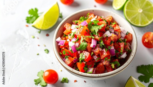 A small bowl contains fresh pico de gallo made with diced tomatoes, onions, and cilantro. Lime wedges and cherry tomatoes surround the bowl, adding color and flavor
