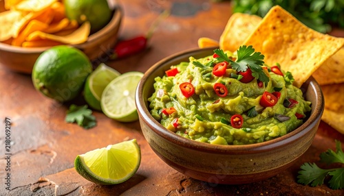 Guacamole is served in a small bowl next to fresh lime, cilantro, and tortilla chips on a rustic wooden table. Red chili peppers add color to the dish while enhancing flavor
