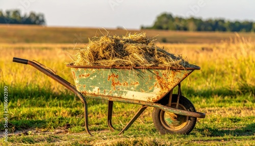 Old Rusty Wheelbarrow Filled With Hay in a Golden Field.