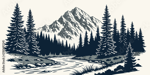 Detailed of a mountain river landscape with dark pine trees, rocky riverbanks, and a sharp snow capped mountain peak view