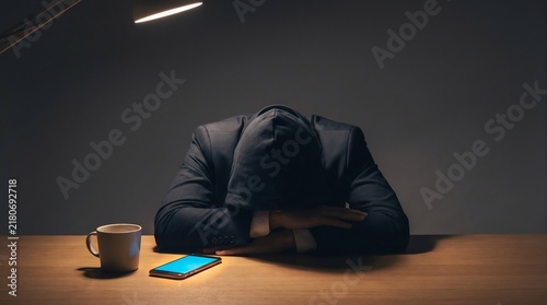 Depressed businessman in hoodie resting head on desk stock photo