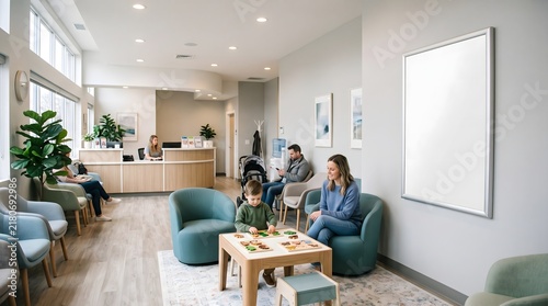 Modern medical clinic waiting room with patients and a child playing at a table.