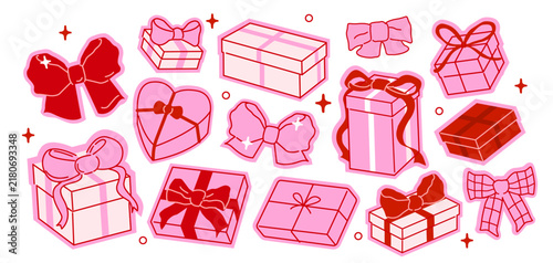 Hand drawn coquette stickers for surprise, celebration, Valentine's Day, birthday. Whimsical gift box, present, bow, ribbon y2k illustration collection.