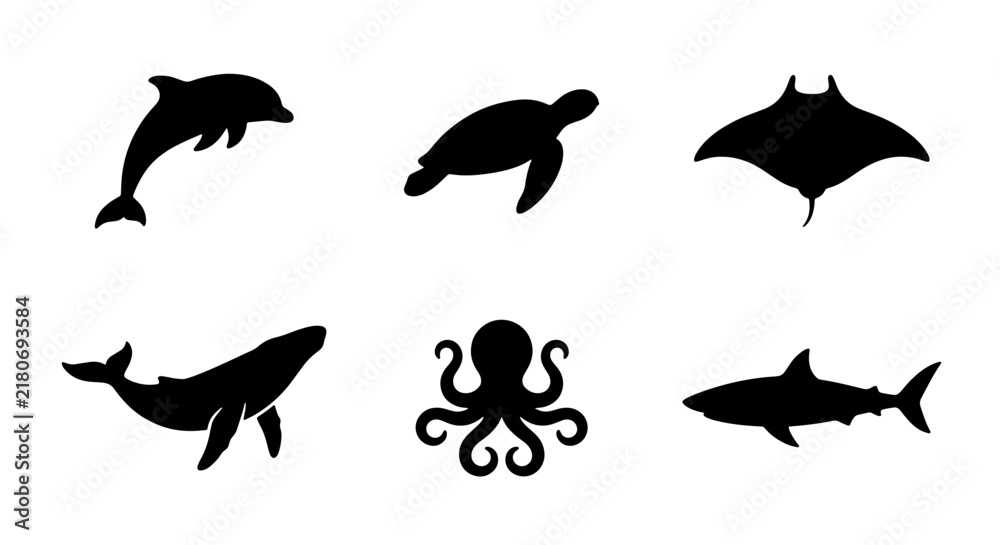 Fototapeta premium Ocean Wildlife Silhouettes: Dolphin, Turtle, Manta Ray, Whale, Octopus, Shark Icons