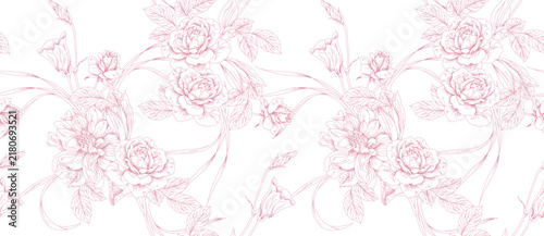 Seamless toile flower pattern in vector. Hand draw vintage floral pattern