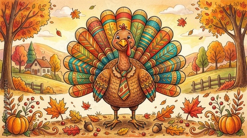 Cartoon turkey with gift boxes in autumn scene