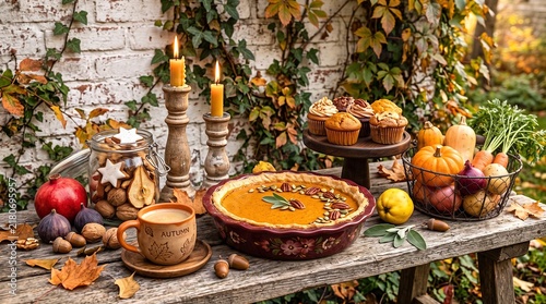 Cozy Autumn Pumpkin Pie and Cupcakes on Rustic Outdoor Thanksgiving Dessert Display