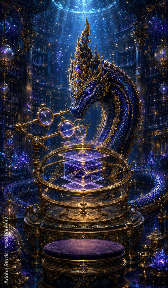 Obraz premium Majestic Dragon in Mystical Library with Celestial Orbs