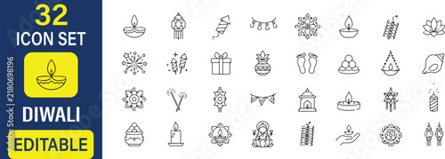 32 Diwali Vector Outline Icons Set – Indian Festival, Diya, Rangoli, Lantern, Fireworks, Gifts and Hindu Celebration Line Symbols Collection