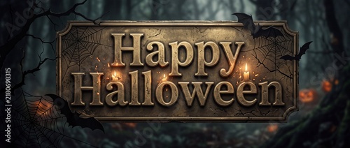Weathered Halloween Sign with Glowing Candles, Bats, Spiderwebs and Pumpkin Light in Misty Night Forest, Gothic Digital Render, Spooky Atmosphere, Contrast Orange and Teal Palette