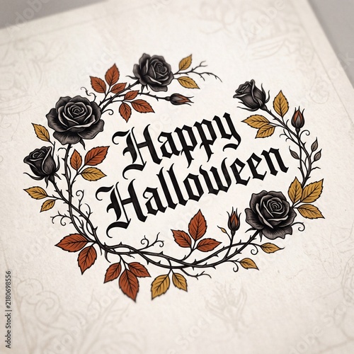 Elegant Gothic “Happy Halloween” Greeting Card Design Featuring Black Rose Wreath, Thorny Vines, Autumn Leaves on Textured Cream Paper