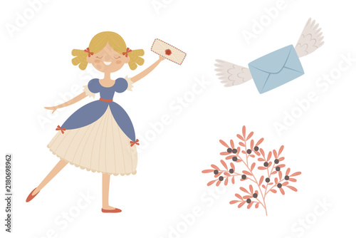 Canvas Print Hand drawn happy girl holding a sealed letter with flying envelope, angel wings