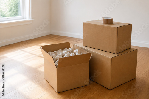 Stacked cardboard moving boxes with packing paper and tape in bright empty room