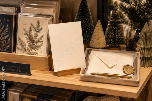Blank greeting card, envelope, gold pen and wax seal in tray, winter stationery concept