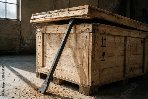 Steel pry bar opening wooden shipping crate lid, tools and construction concept