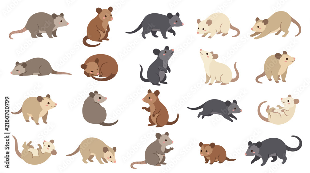 Obraz premium Set of cute opossum characters in various poses and colors isolated on white background.