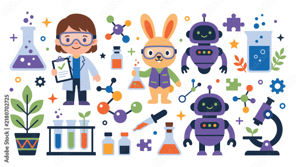 Obraz premium Science themed set with researcher rabbit robot and lab equipment items.