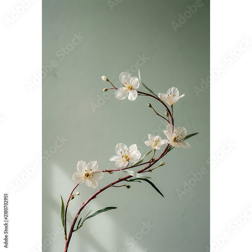 Minimalist aesthetic photography of a delicate white flowering branch against a soft sage green wall background