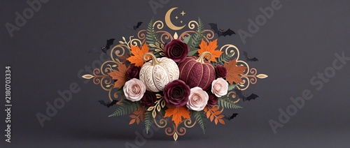 Paper‑cut Halloween floral arrangement with pumpkins, bats, moon and stars on dark textured grey background, shown in three layout variations