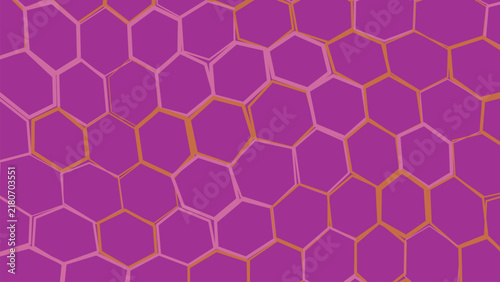 Hexagonal geometric pattern in purple with orange outlines