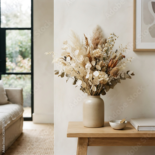 Beautiful bouquet of dried flowers in a ceramic vase placed on a wooden console table in living room