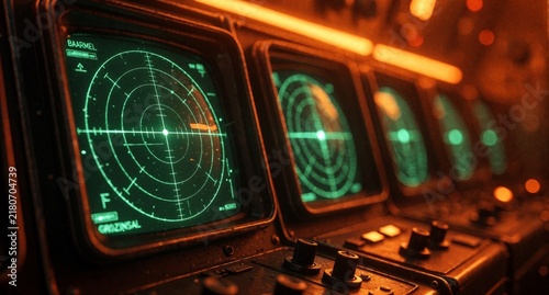 Vintage Radar Screens with Glowing Green Oscilloscopes in Retro Control Room