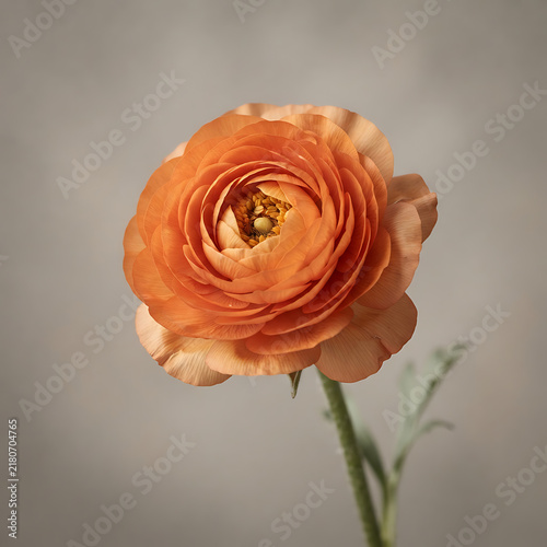 A single orange ranunculus flower in full bloom against a soft gray background