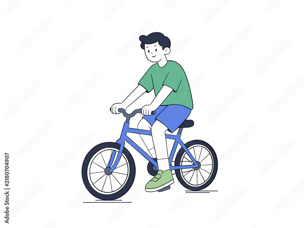 Fototapeta premium Boy Riding Bike On Street Flat Illustration