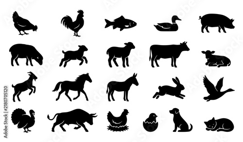 Farm Animal Black Silhouette Vector Icon Collection Chicken Duck Pig Sheep Cow