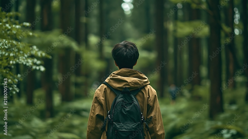 Fototapeta premium Person with backpack walking through lush green forest, exploring nature and wilderness