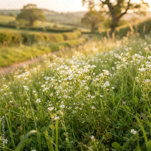 Wildflowers blooming in a lush green meadow at golden hour sunlight