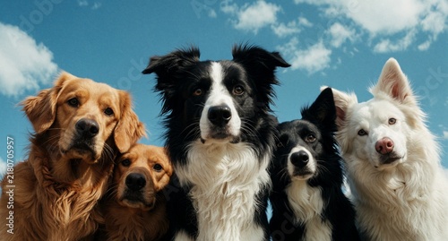 Group of Five Different Dog Breeds Portrait Against Blue Sky