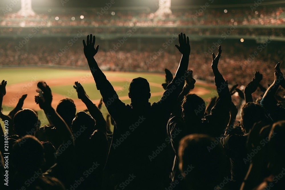 Fototapeta premium Excited Crowd Cheering with Hands Raised at a Night Baseball Game Stadium Event