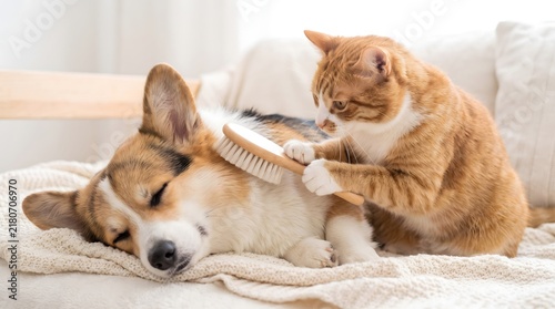 Cat Brushing Dog’s Fur with Soft White Grooming Brush