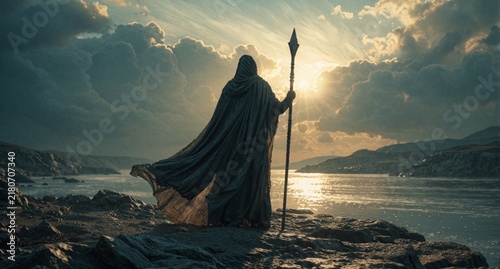 Mystical hooded figure holding staff at sunset beach