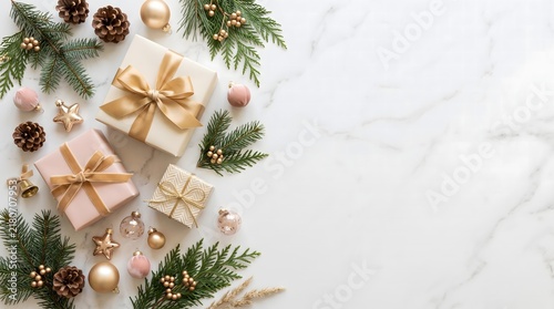 Festive christmas gifts with ribbons and ornaments on a winter holiday background