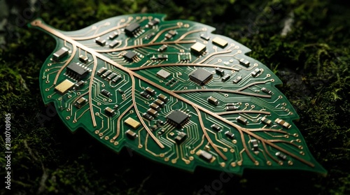 Circuit-board leaf with chips resting on dark forest moss